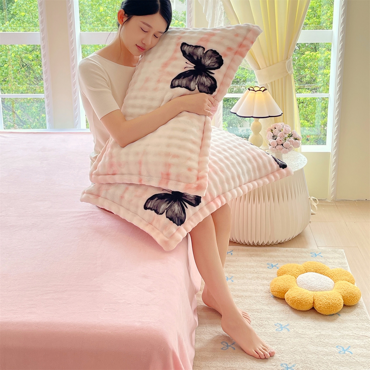 91家纺网 家纺一手货源 找家纺 凯儿家纺 2025新款兔毛牛奶泡泡绒单枕套单品枕套枕套单件 粉玉蝴蝶