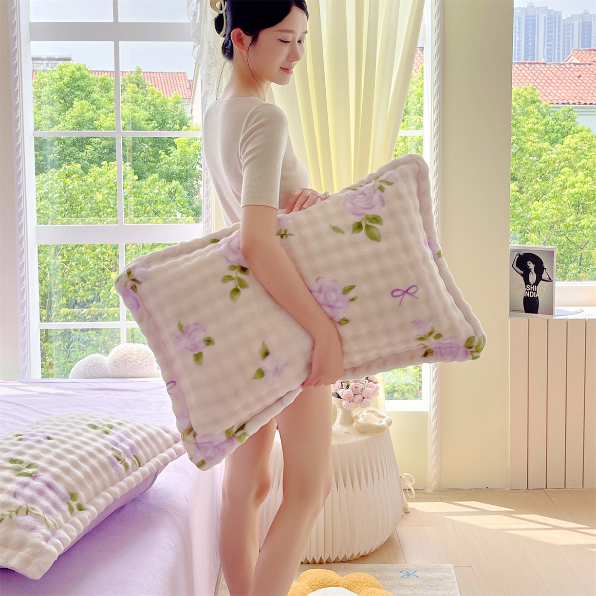 91家纺网 家纺一手货源 找家纺 凯儿家纺 2025新款兔毛牛奶泡泡绒单枕套单品枕套枕套单件 花语柔情