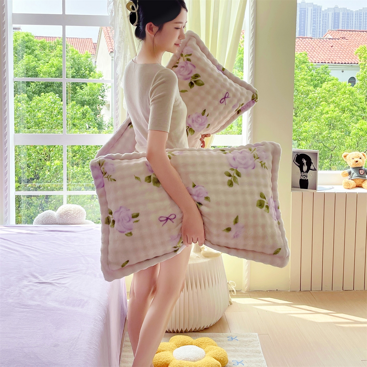 91家纺网 家纺一手货源 找家纺 凯儿家纺 2025新款兔毛牛奶泡泡绒单枕套单品枕套枕套单件 花语柔情