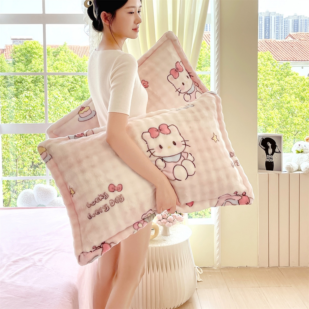 91家纺网 家纺一手货源 找家纺 凯儿家纺 2025新款兔毛牛奶泡泡绒单枕套单品枕套枕套单件 可爱猫咪