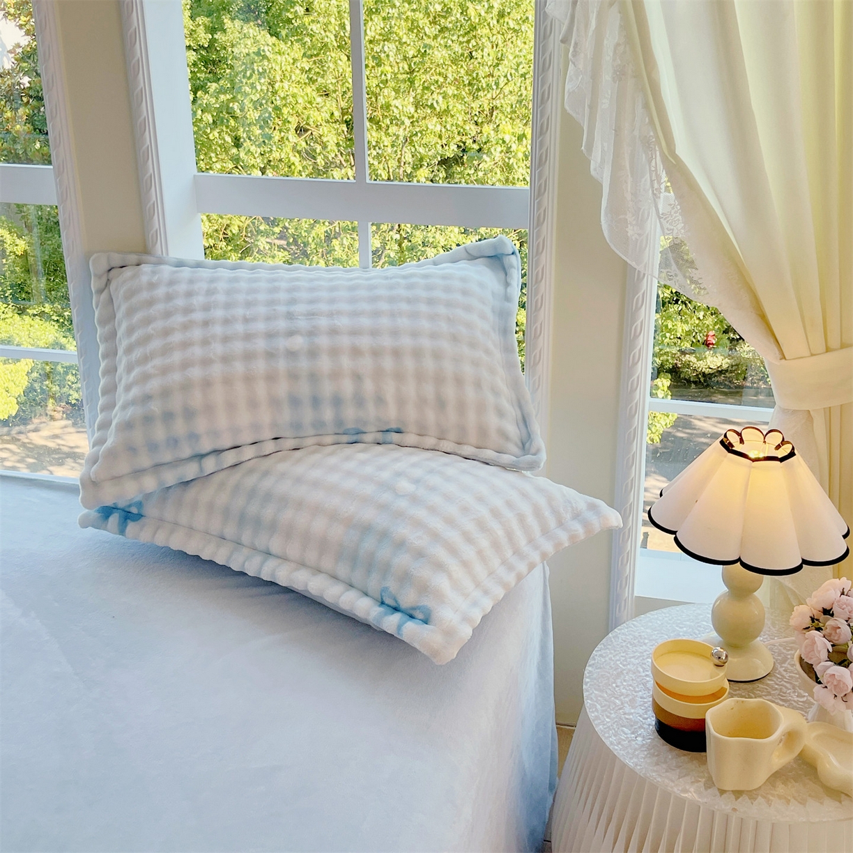 凯儿家纺 2025新款兔毛牛奶泡泡绒单枕套单品枕套枕套单件 蓝色旋律