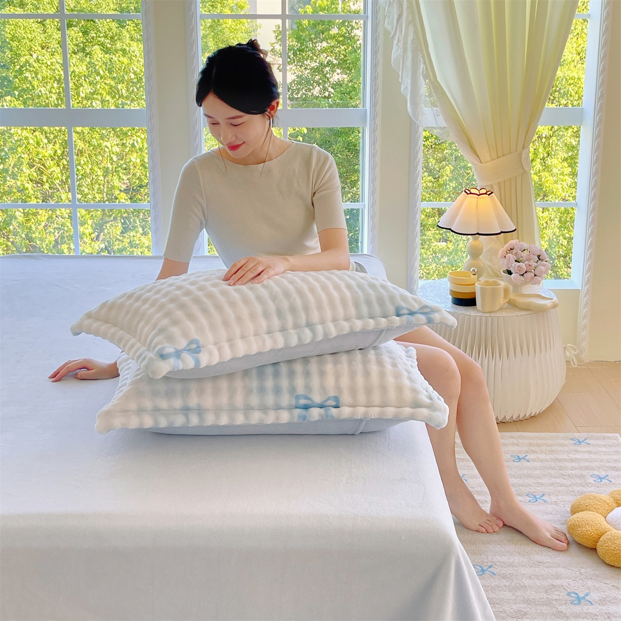 91家纺网 家纺一手货源 找家纺 凯儿家纺 2025新款兔毛牛奶泡泡绒单枕套单品枕套枕套单件 蓝色旋律