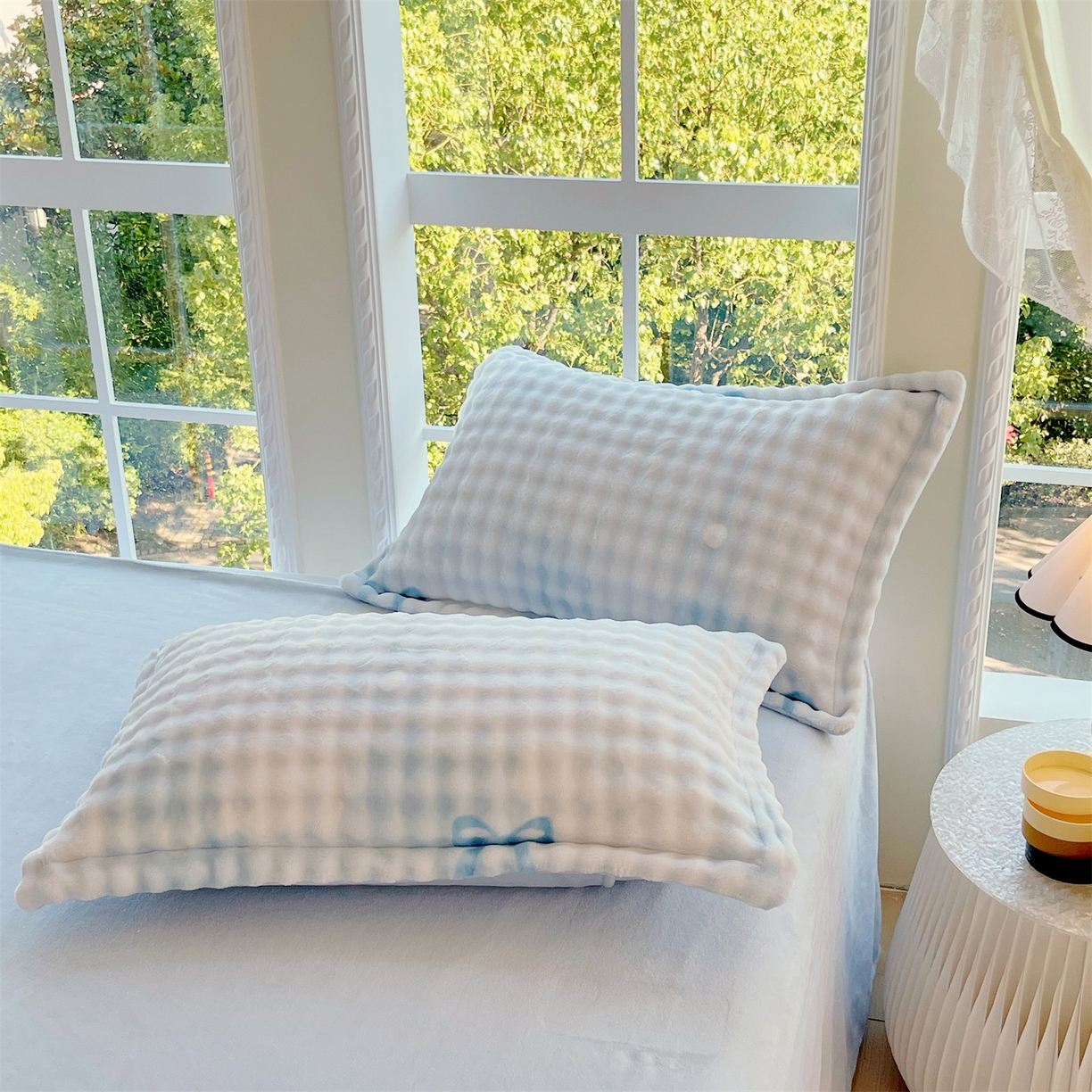 91家纺网 家纺一手货源 找家纺 凯儿家纺 2025新款兔毛牛奶泡泡绒单枕套单品枕套枕套单件 蓝色旋律