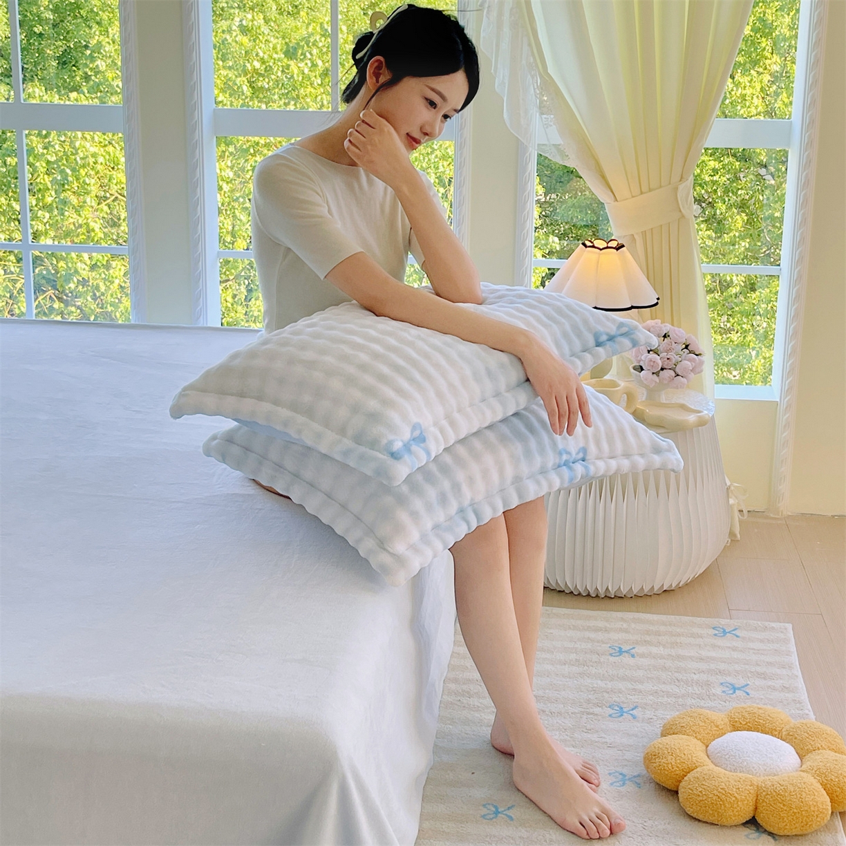 91家纺网 家纺一手货源 找家纺 凯儿家纺 2025新款兔毛牛奶泡泡绒单枕套单品枕套枕套单件 蓝色旋律