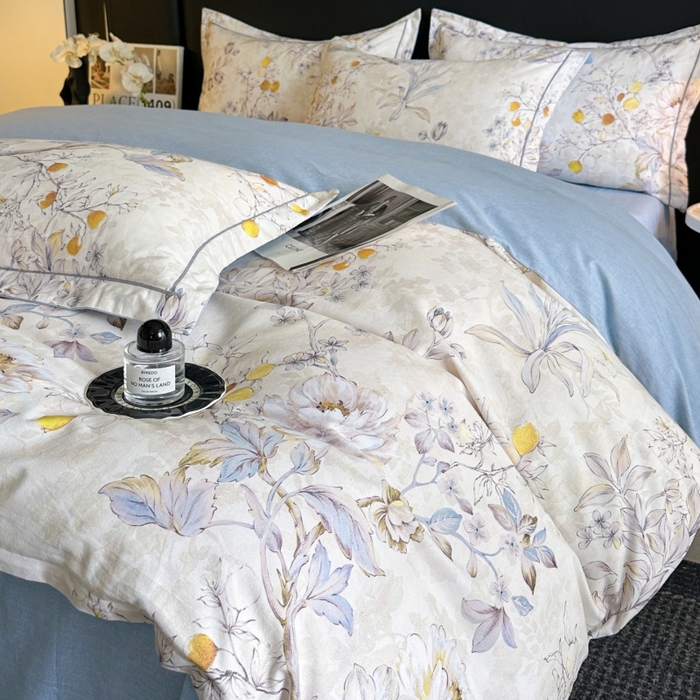 91家纺网 家纺一手货源 找家纺 海洋家纺 2026新款100%全棉磨毛数码印花四件套加厚全棉四件套-提供买家秀 花语情怀 米白