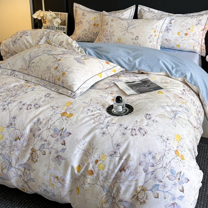 91家纺网 家纺一手货源 找家纺 海洋家纺 2026新款100%全棉磨毛数码印花四件套加厚全棉四件套-提供买家秀 花语情怀 米白