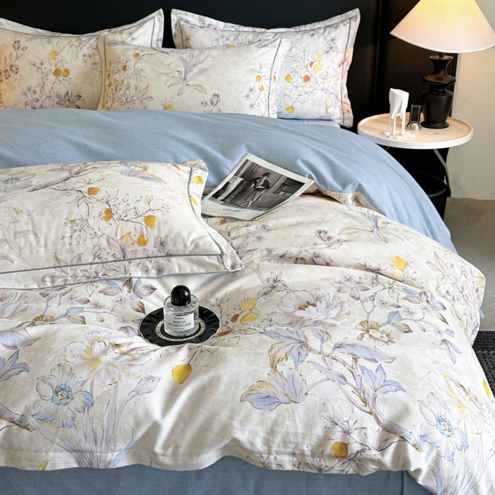 91家纺网 家纺一手货源 找家纺 海洋家纺 2026新款100%全棉磨毛数码印花四件套加厚全棉四件套-提供买家秀 花语情怀 米白