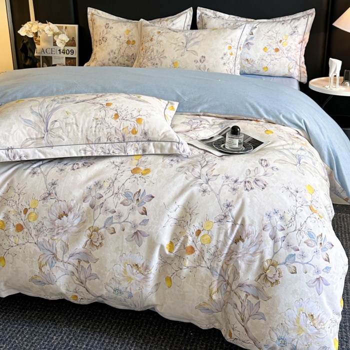 91家纺网 家纺一手货源 找家纺 海洋家纺 2026新款100%全棉磨毛数码印花四件套加厚全棉四件套-提供买家秀 花语情怀 米白