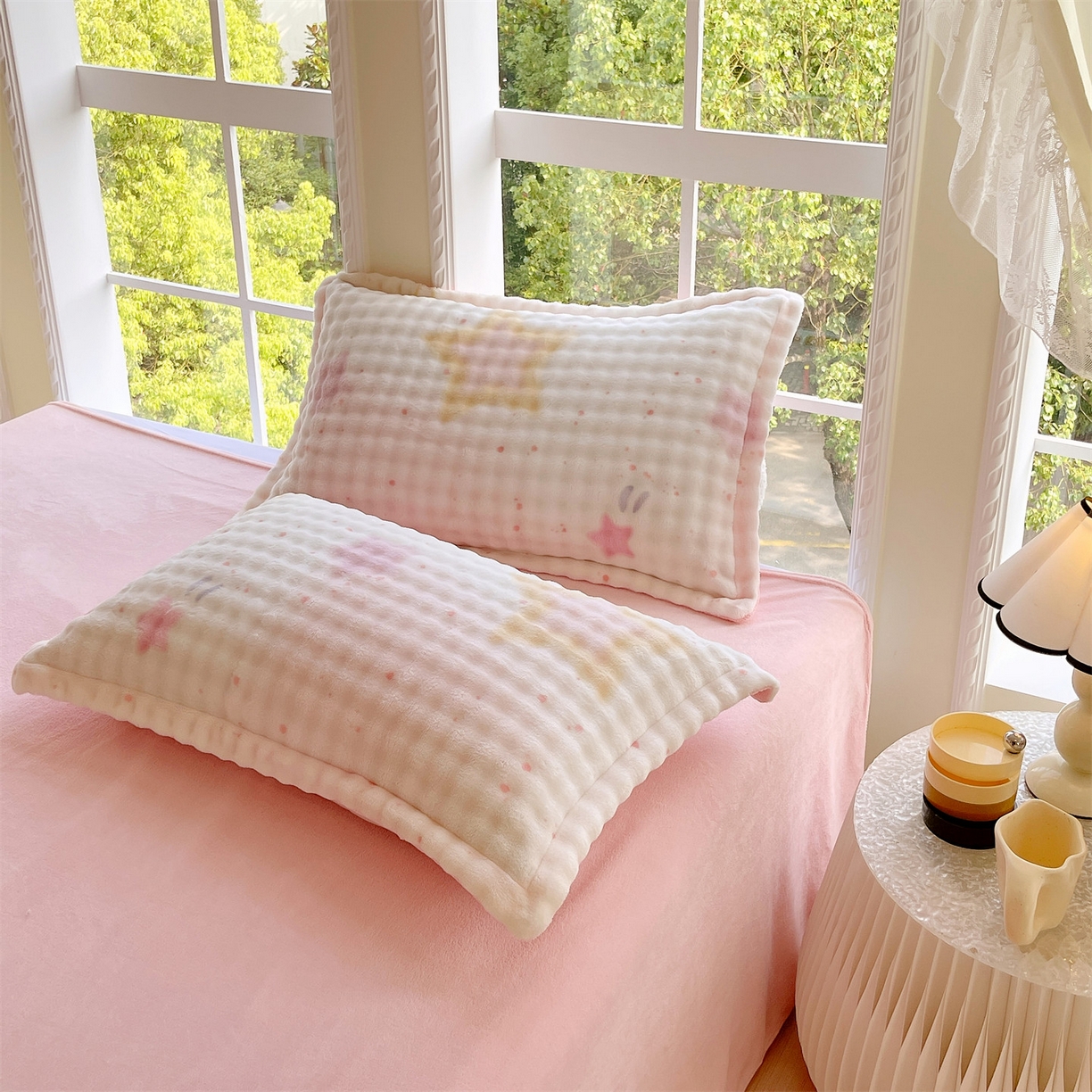 91家纺网 家纺一手货源 找家纺 凯儿家纺 2025新款兔毛牛奶泡泡绒单枕套单品枕套枕套单件 星光闪闪