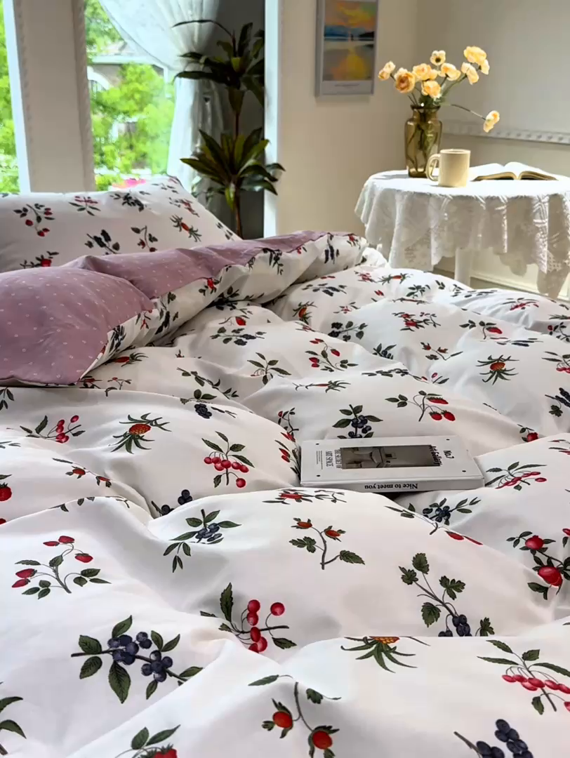 91家纺网 家纺一手货源 找家纺 缦纱 2025新款全棉纯棉小清新喷气13372印花40支纯棉四件套 丛果集