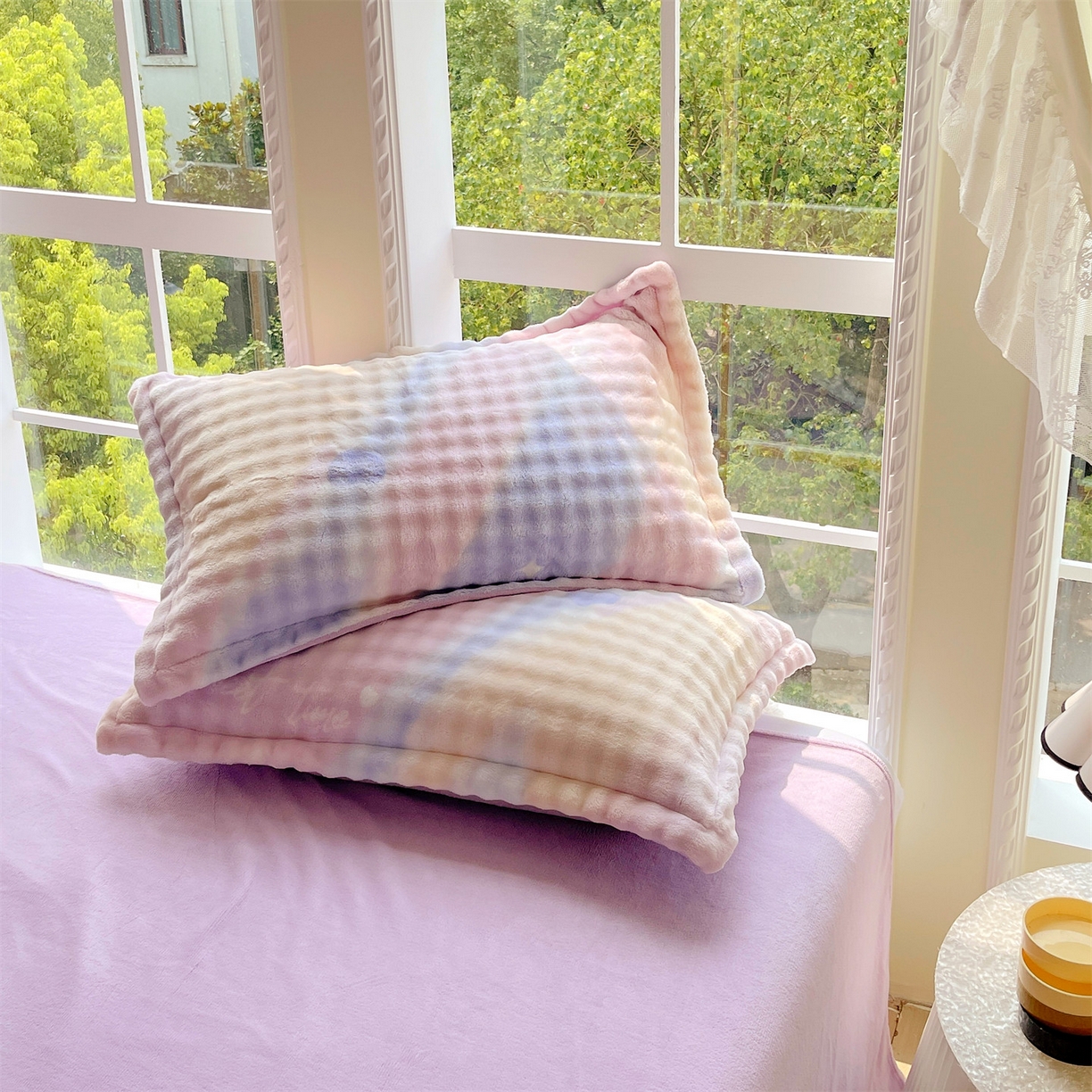 凯儿家纺 2025新款兔毛牛奶泡泡绒单枕套单品枕套枕套单件 紫韵爱心