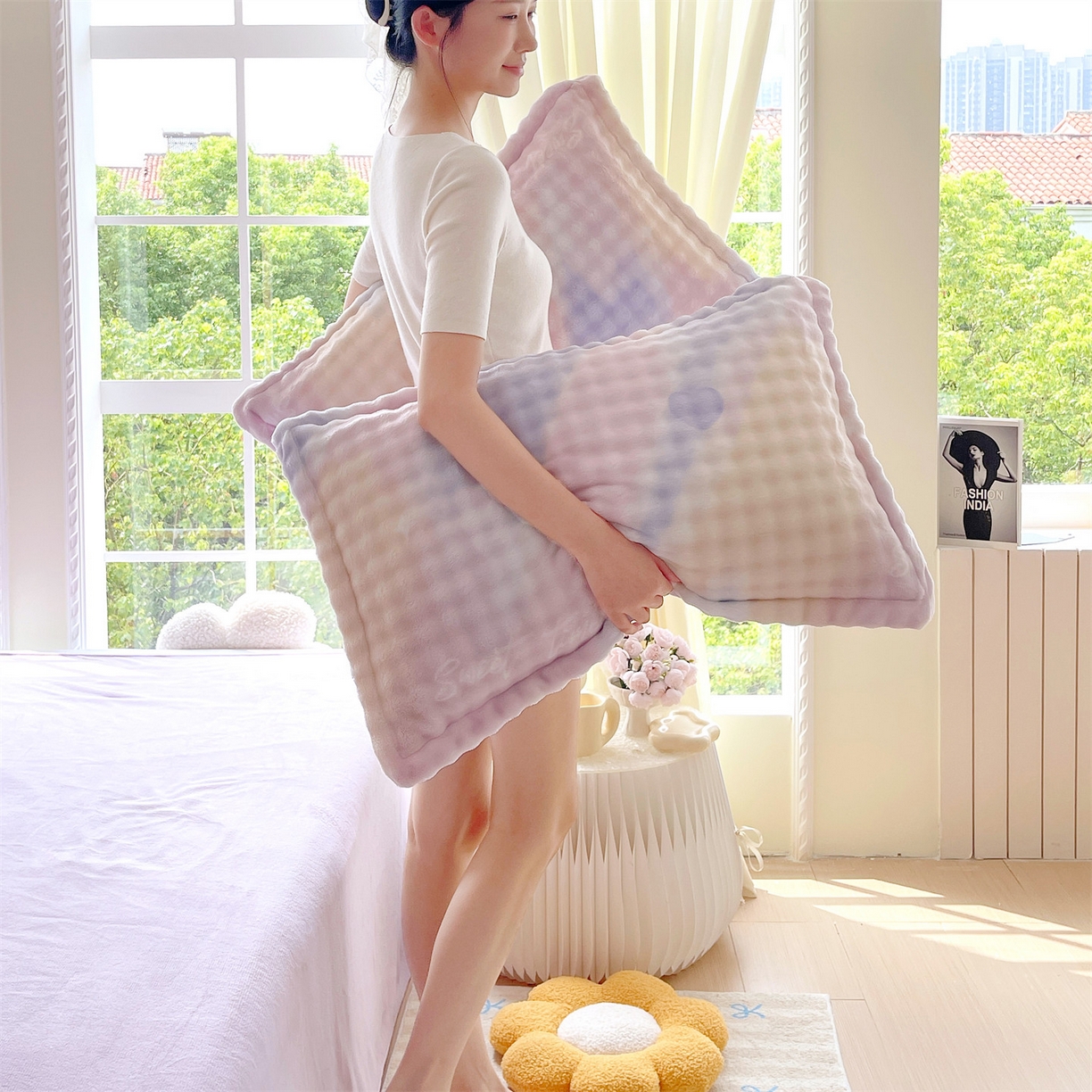 91家纺网 家纺一手货源 找家纺 凯儿家纺 2025新款兔毛牛奶泡泡绒单枕套单品枕套枕套单件 紫韵爱心