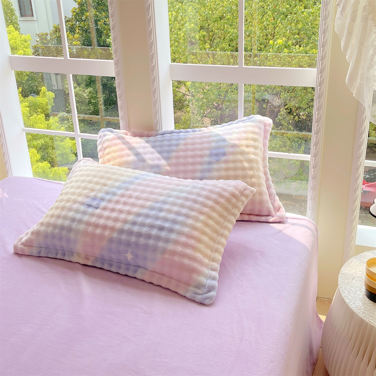 91家纺网 家纺一手货源 找家纺 凯儿家纺 2025新款兔毛牛奶泡泡绒单枕套单品枕套枕套单件 紫韵爱心