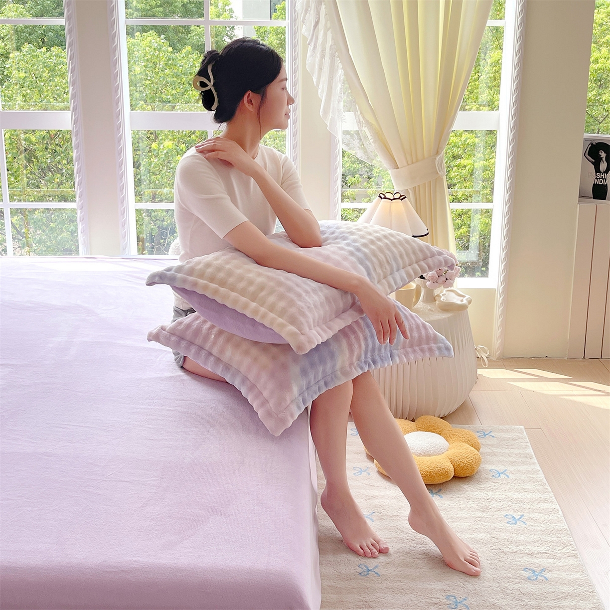 91家纺网 家纺一手货源 找家纺 凯儿家纺 2025新款兔毛牛奶泡泡绒单枕套单品枕套枕套单件 紫韵爱心