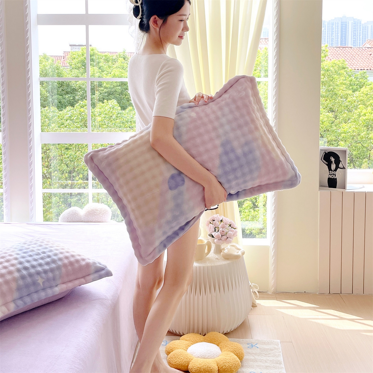 91家纺网 家纺一手货源 找家纺 凯儿家纺 2025新款兔毛牛奶泡泡绒单枕套单品枕套枕套单件 紫韵爱心