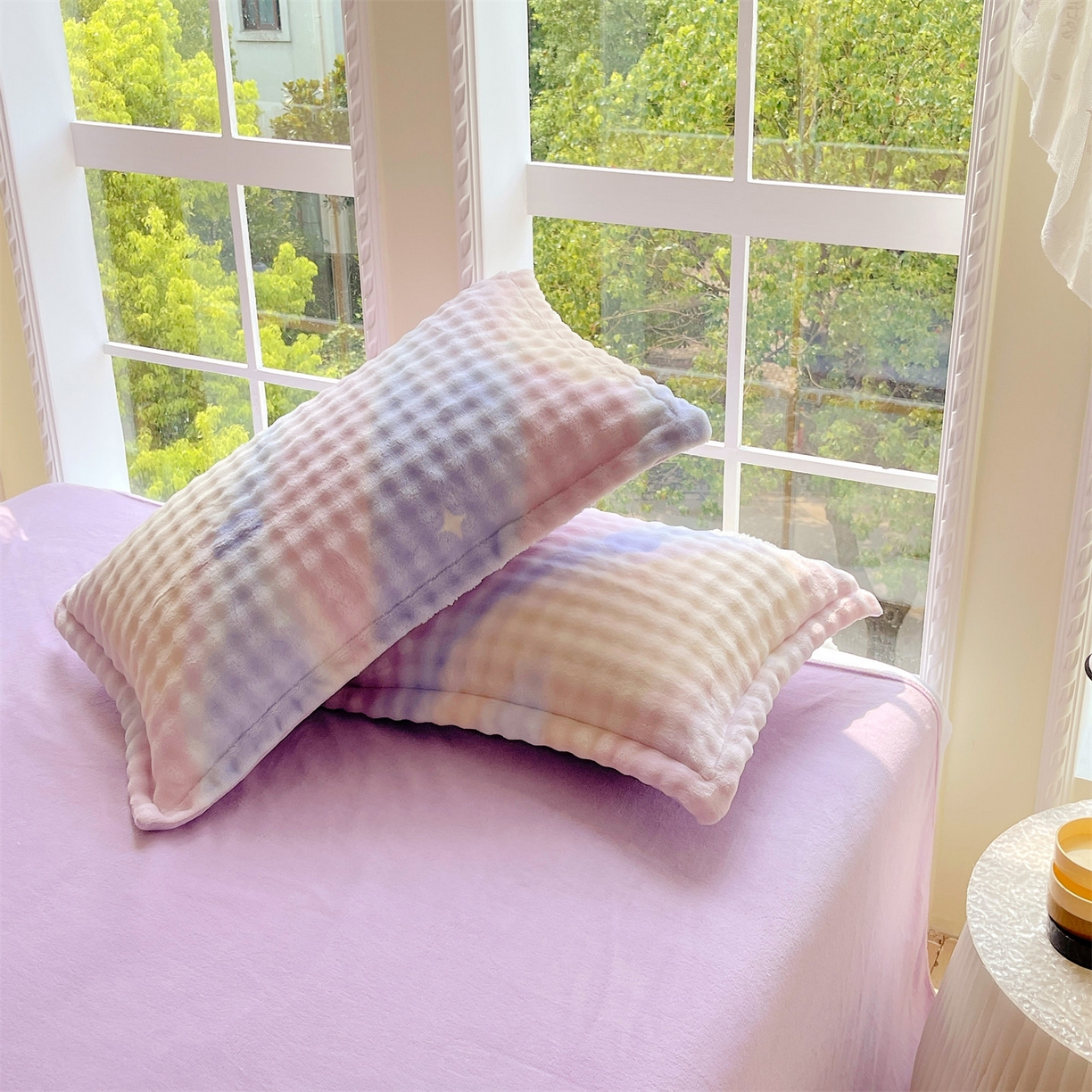 91家纺网 家纺一手货源 找家纺 凯儿家纺 2025新款兔毛牛奶泡泡绒单枕套单品枕套枕套单件 紫韵爱心