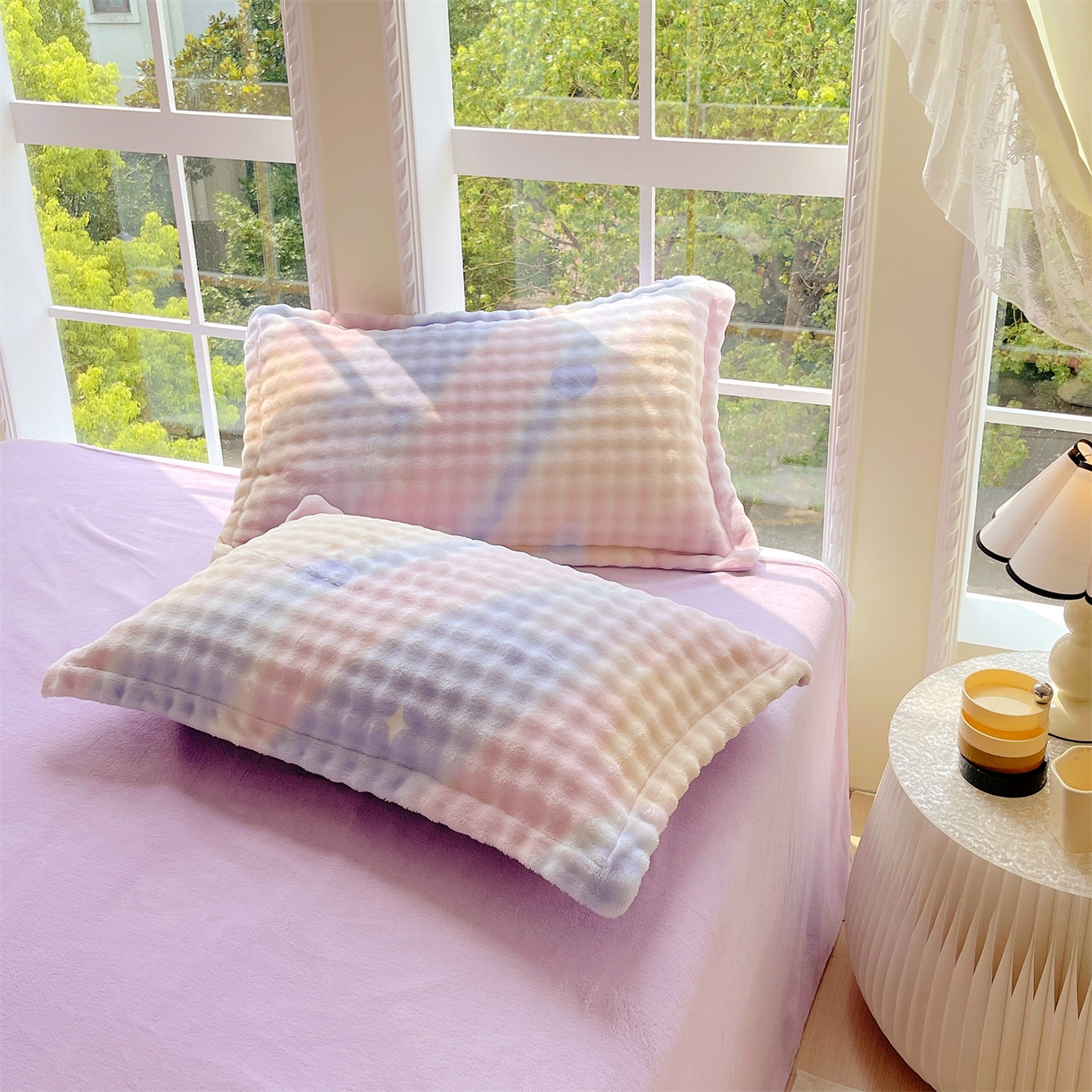 91家纺网 家纺一手货源 找家纺 凯儿家纺 2025新款兔毛牛奶泡泡绒单枕套单品枕套枕套单件 紫韵爱心