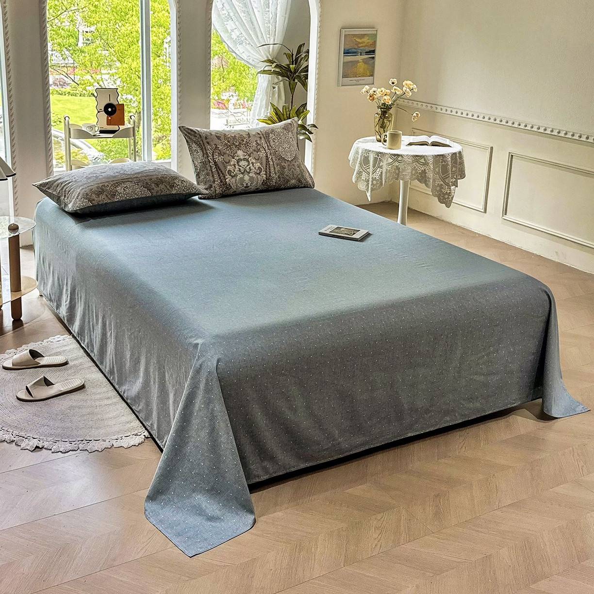 91家纺网 家纺一手货源 找家纺 缦纱 2025新款全棉纯棉小清新喷气13372印花40支纯棉四件套 葛锦-咖