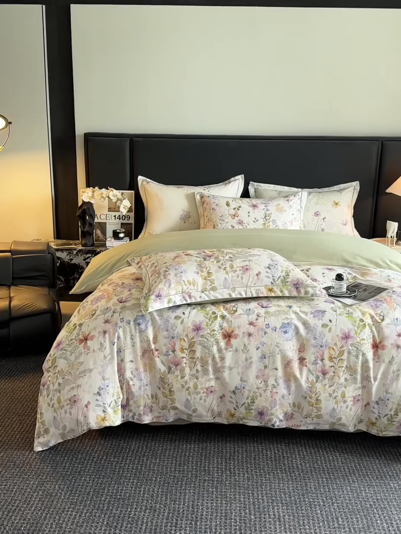 91家纺网 家纺一手货源 找家纺 海洋家纺 2026新款100%全棉磨毛数码印花四件套加厚全棉四件套-提供买家秀 花笺集 米白