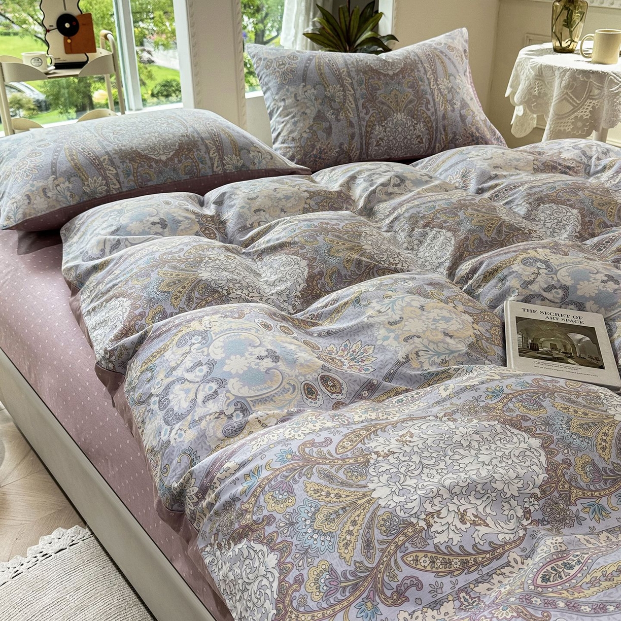 缦纱 2025新款全棉纯棉小清新喷气13372印花40支纯棉四件套 葛锦-蓝