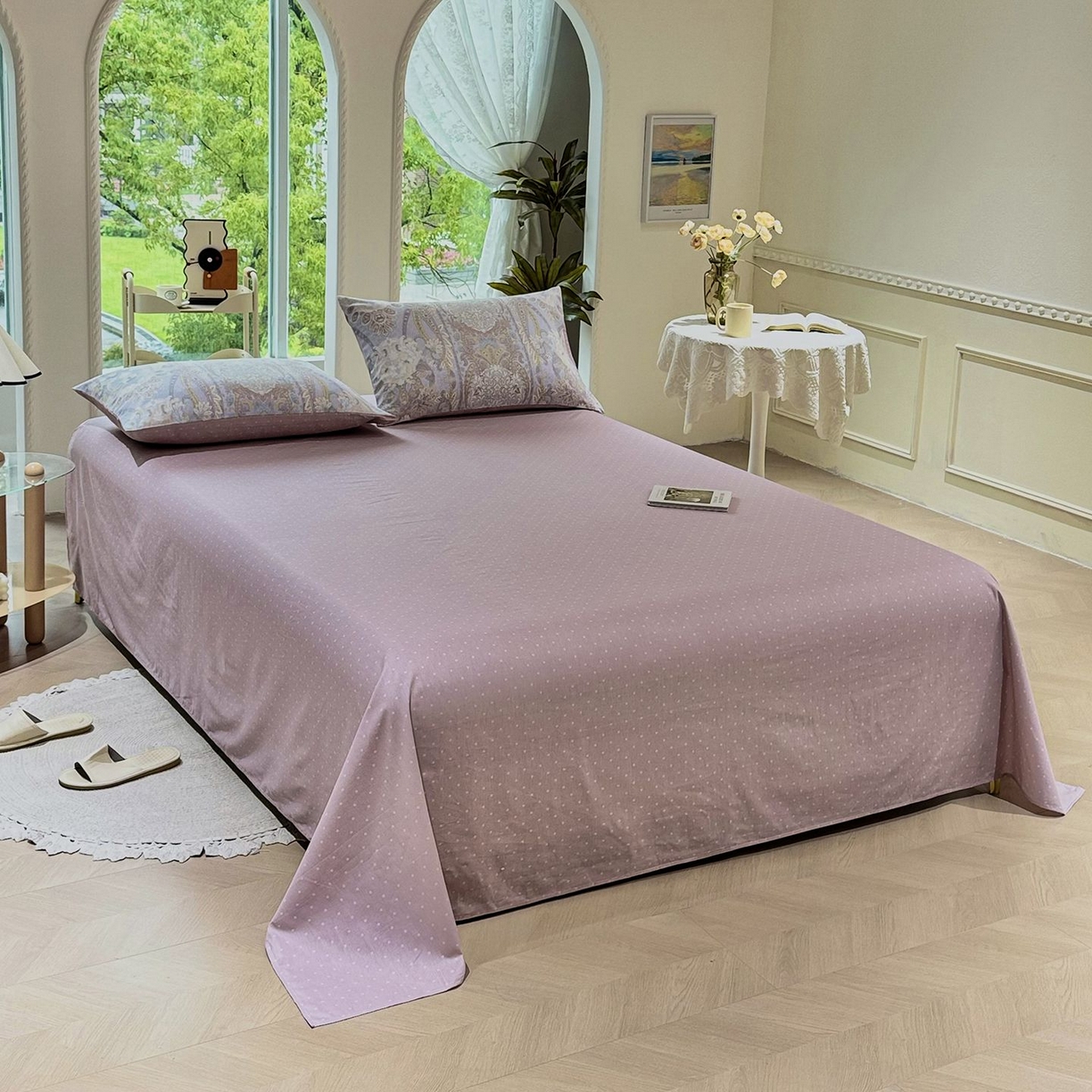 91家纺网 家纺一手货源 找家纺 缦纱 2025新款全棉纯棉小清新喷气13372印花40支纯棉四件套 葛锦-蓝