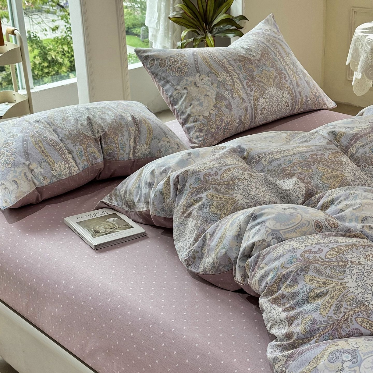 91家纺网 家纺一手货源 找家纺 缦纱 2025新款全棉纯棉小清新喷气13372印花40支纯棉四件套 葛锦-蓝