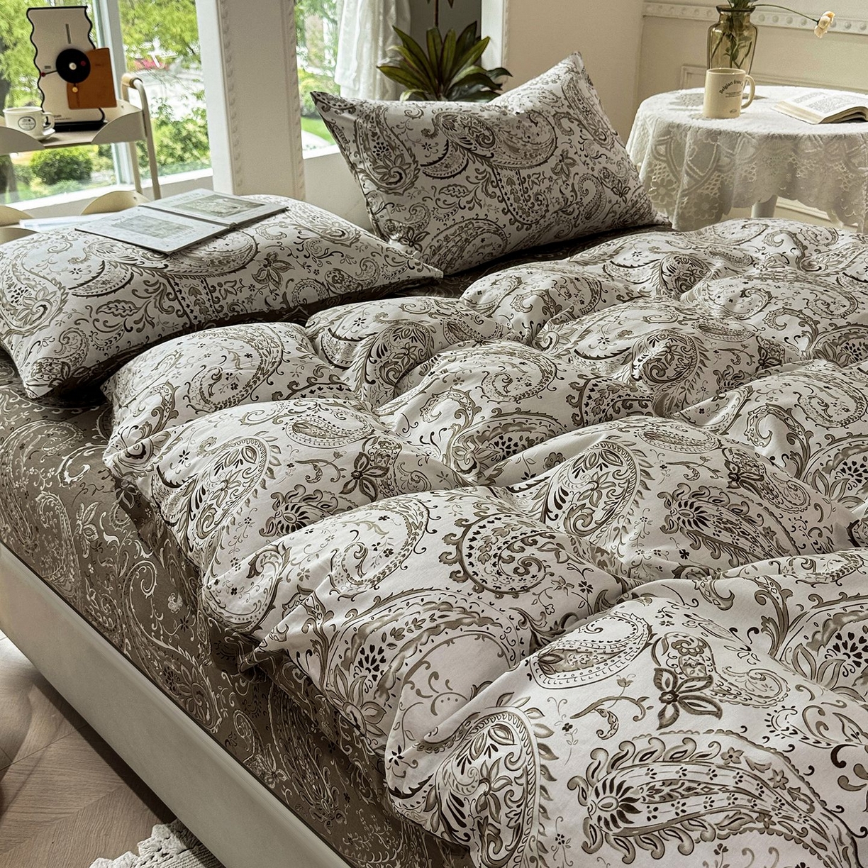 缦纱 2025新款全棉纯棉小清新喷气13372印花40支纯棉四件套 荷韵-咖