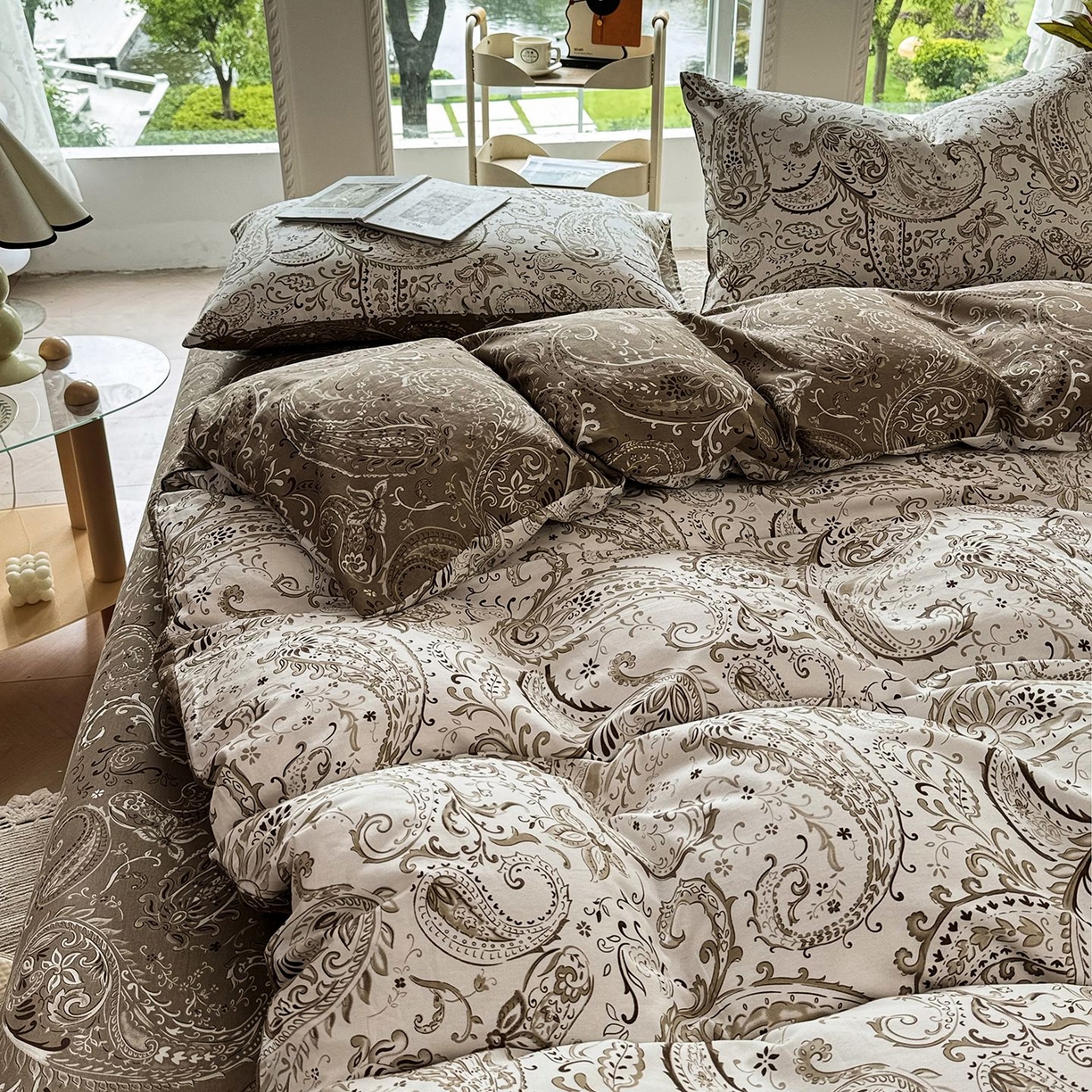 91家纺网 家纺一手货源 找家纺 缦纱 2025新款全棉纯棉小清新喷气13372印花40支纯棉四件套 荷韵-咖