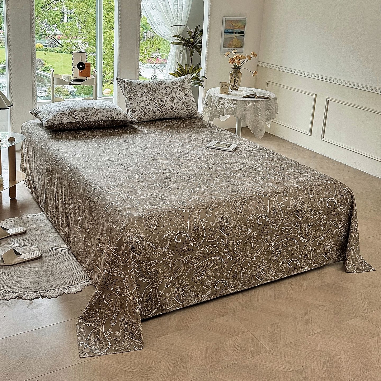 91家纺网 家纺一手货源 找家纺 缦纱 2025新款全棉纯棉小清新喷气13372印花40支纯棉四件套 荷韵-咖