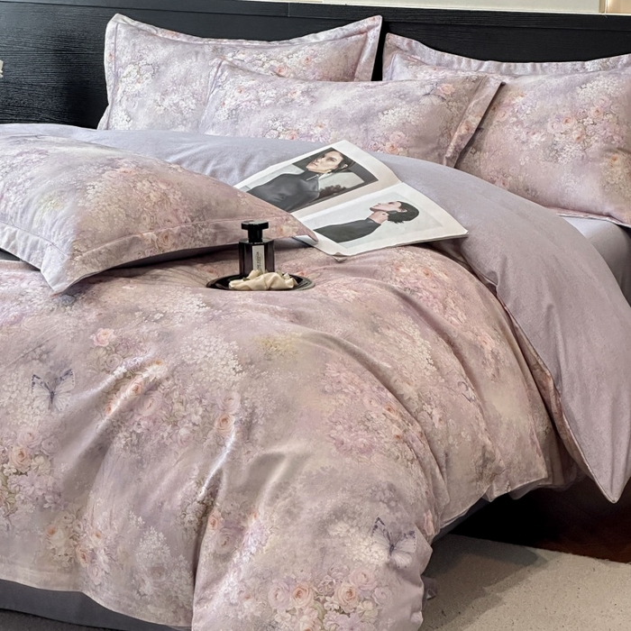 91家纺网 家纺一手货源 找家纺 海洋家纺 2026新款100%全棉磨毛数码印花四件套加厚全棉四件套-提供买家秀 雾野花蝶 紫