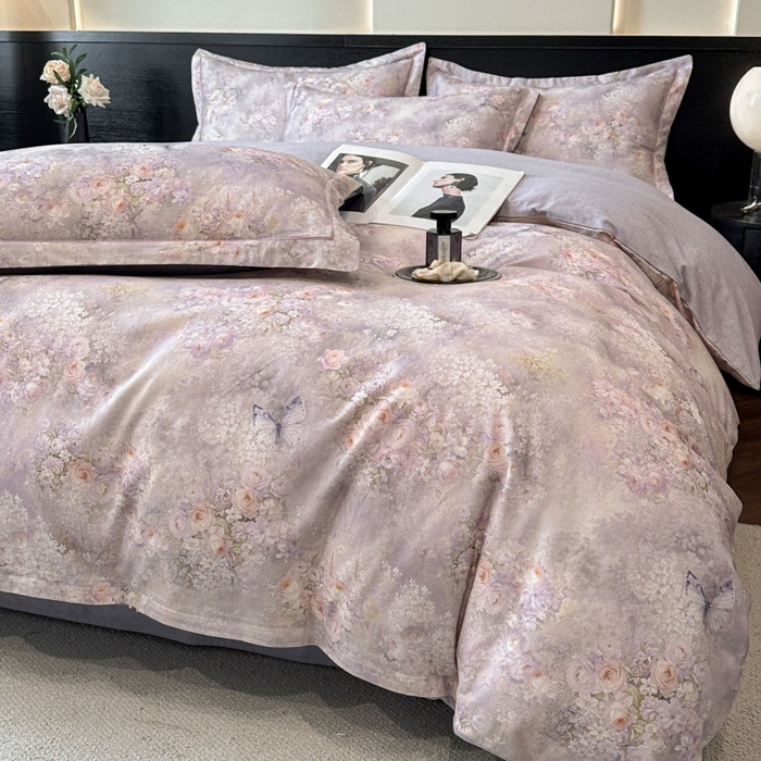 91家纺网 家纺一手货源 找家纺 海洋家纺 2026新款100%全棉磨毛数码印花四件套加厚全棉四件套-提供买家秀 雾野花蝶 紫