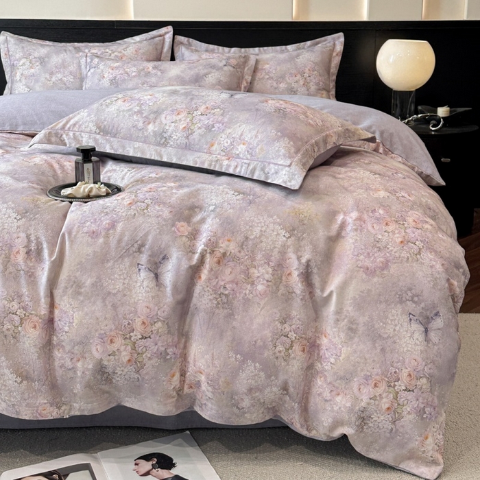 91家纺网 家纺一手货源 找家纺 海洋家纺 2026新款100%全棉磨毛数码印花四件套加厚全棉四件套-提供买家秀 雾野花蝶 紫