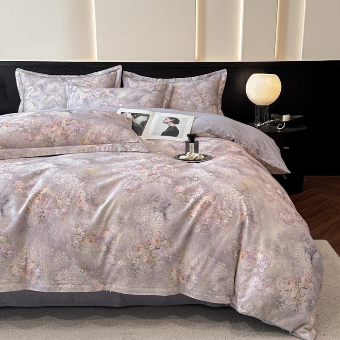 91家纺网 家纺一手货源 找家纺 海洋家纺 2026新款100%全棉磨毛数码印花四件套加厚全棉四件套-提供买家秀 雾野花蝶 紫