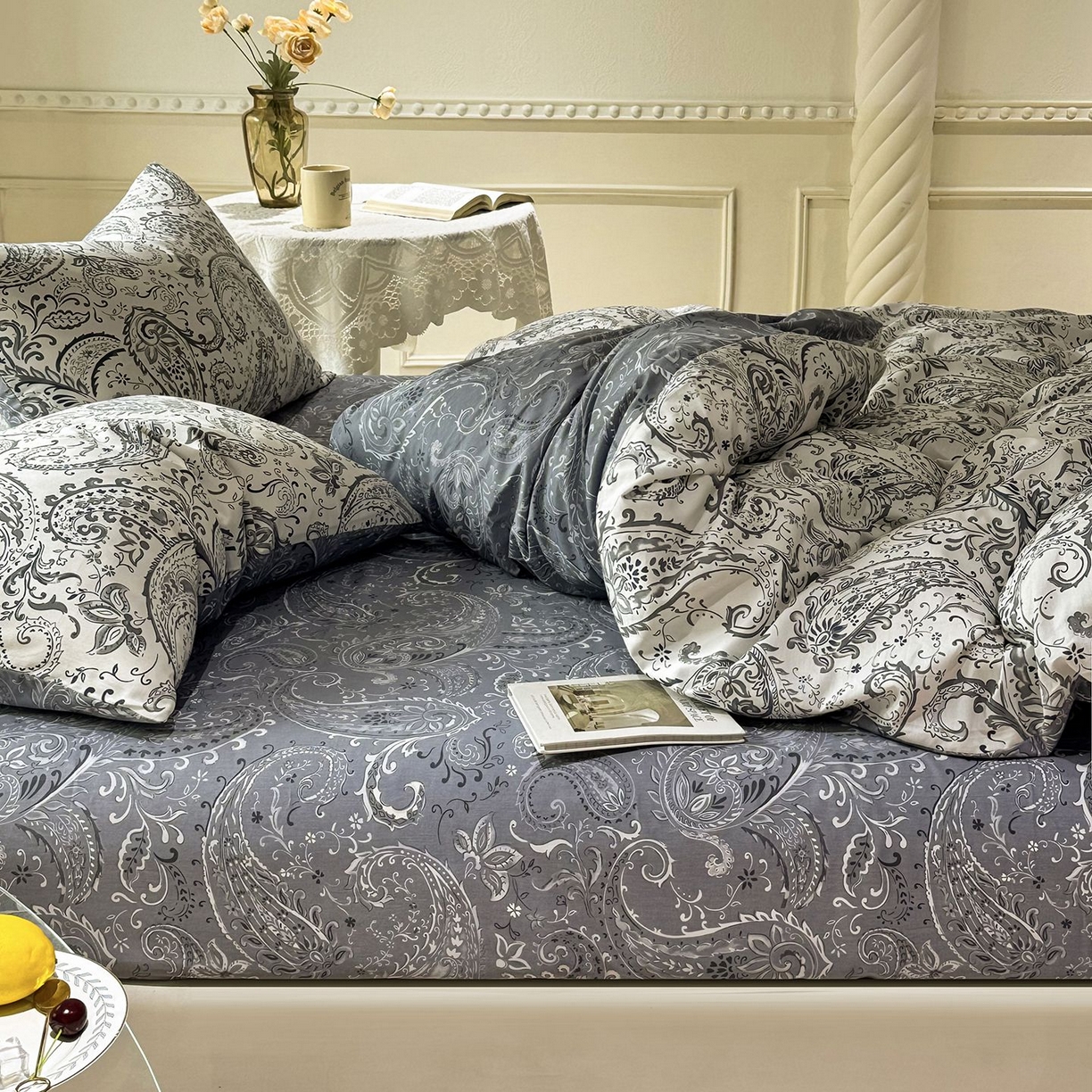 91家纺网 家纺一手货源 找家纺 缦纱 2025新款全棉纯棉小清新喷气13372印花40支纯棉四件套 荷韵-蓝