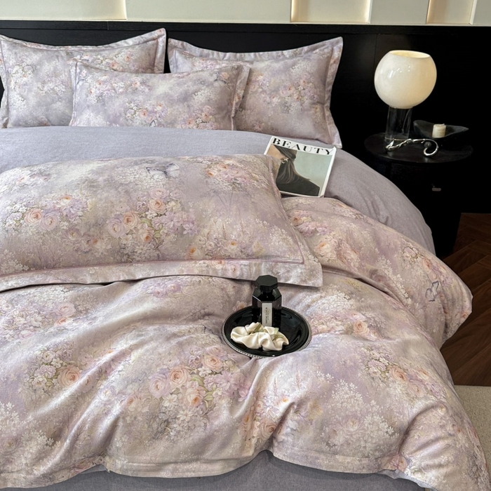 91家纺网 家纺一手货源 找家纺 海洋家纺 2026新款100%全棉磨毛数码印花四件套加厚全棉四件套-提供买家秀 雾野花蝶 紫