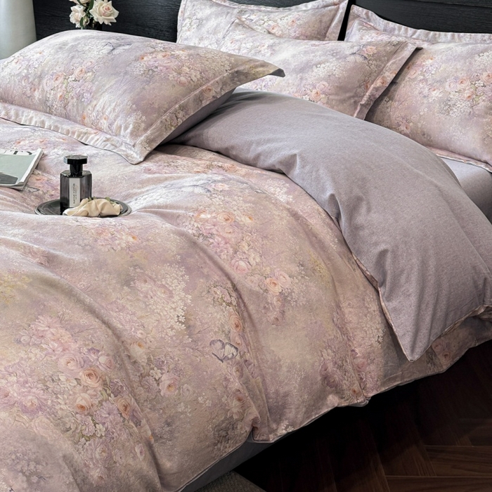 91家纺网 家纺一手货源 找家纺 海洋家纺 2026新款100%全棉磨毛数码印花四件套加厚全棉四件套-提供买家秀 雾野花蝶 紫