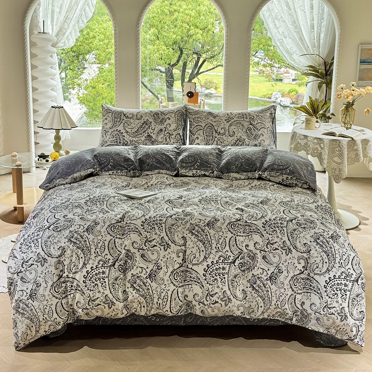 91家纺网 家纺一手货源 找家纺 缦纱 2025新款全棉纯棉小清新喷气13372印花40支纯棉四件套 荷韵-蓝