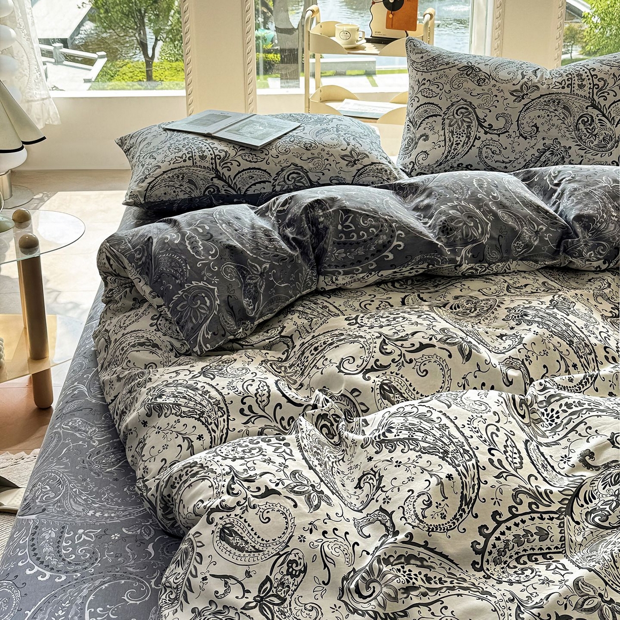 91家纺网 家纺一手货源 找家纺 缦纱 2025新款全棉纯棉小清新喷气13372印花40支纯棉四件套 荷韵-蓝