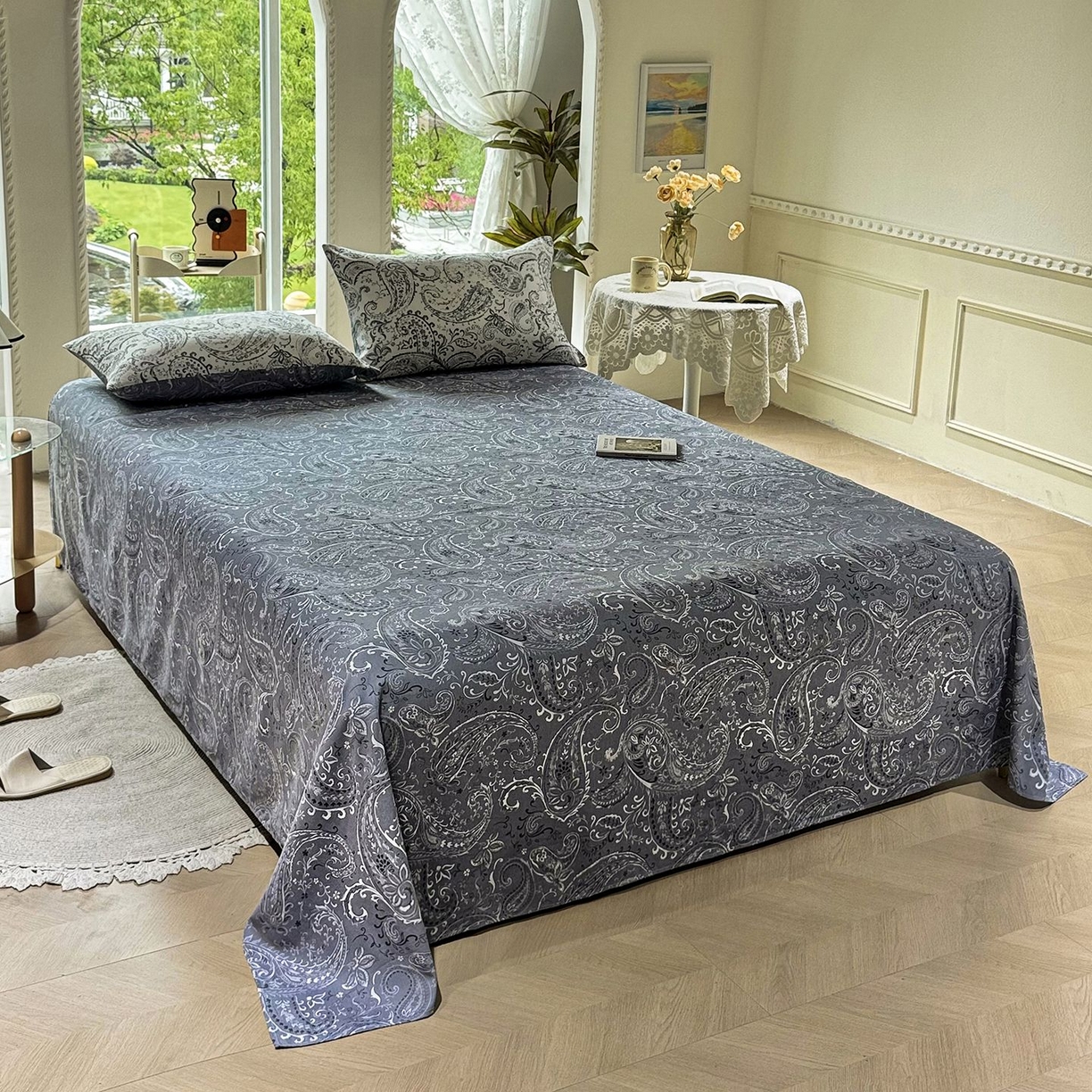 91家纺网 家纺一手货源 找家纺 缦纱 2025新款全棉纯棉小清新喷气13372印花40支纯棉四件套 荷韵-蓝