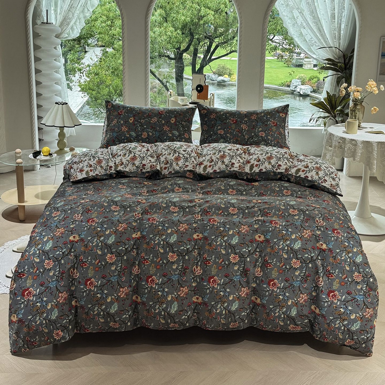 91家纺网 家纺一手货源 找家纺 缦纱 2025新款全棉纯棉小清新喷气13372印花40支纯棉四件套 花娇百媚-灰