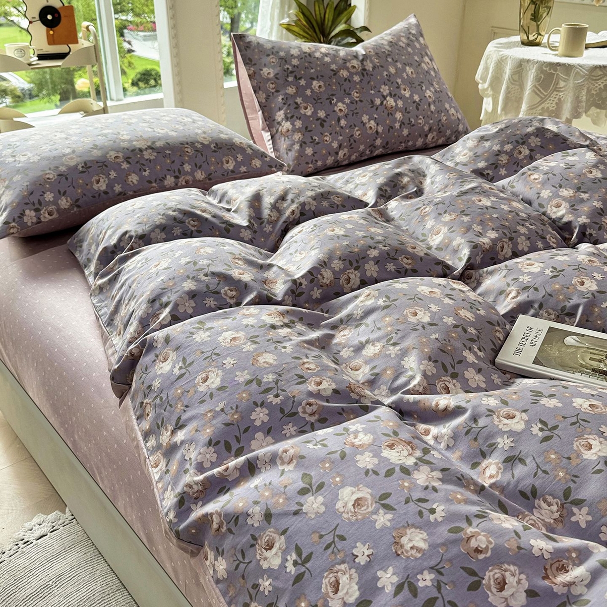 缦纱 2025新款全棉纯棉小清新喷气13372印花40支纯棉四件套 花清梦