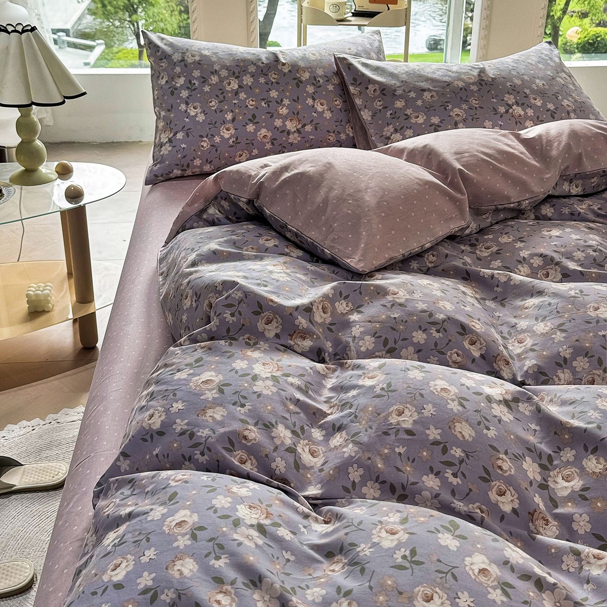 91家纺网 家纺一手货源 找家纺 缦纱 2025新款全棉纯棉小清新喷气13372印花40支纯棉四件套 花清梦