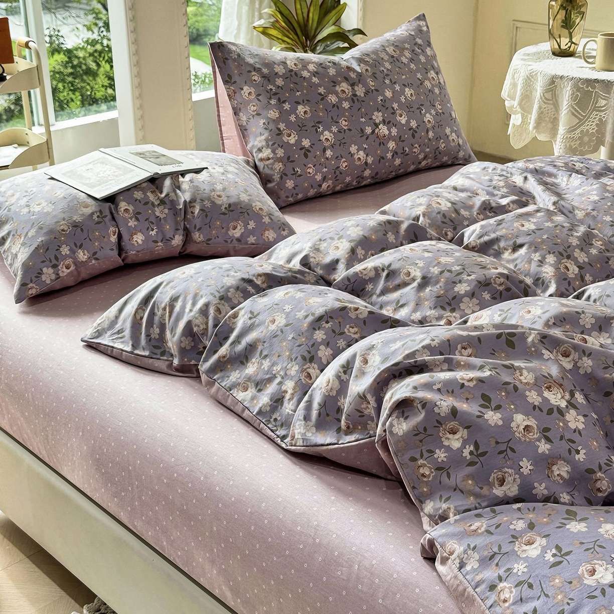 91家纺网 家纺一手货源 找家纺 缦纱 2025新款全棉纯棉小清新喷气13372印花40支纯棉四件套 花清梦