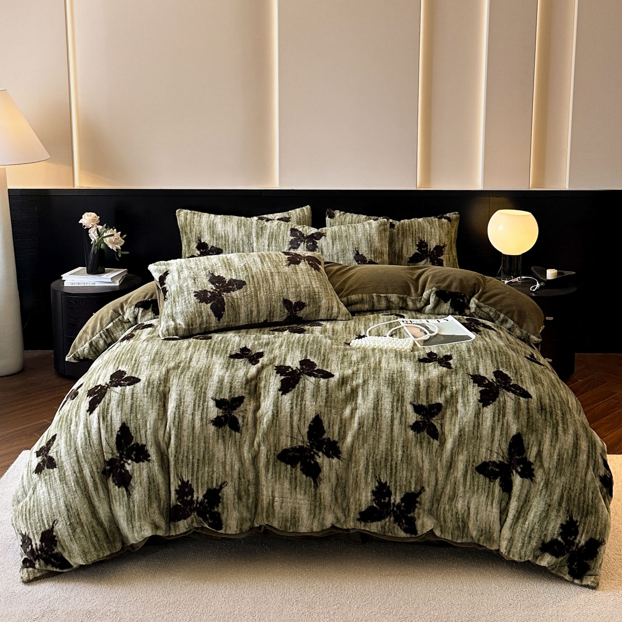 91家纺网 家纺一手货源 找家纺 金阳光家纺 2025新款A类高克重兔毛绒保暖印花牛奶绒四件套 美拉德系列 美拉德-蝶舞绿