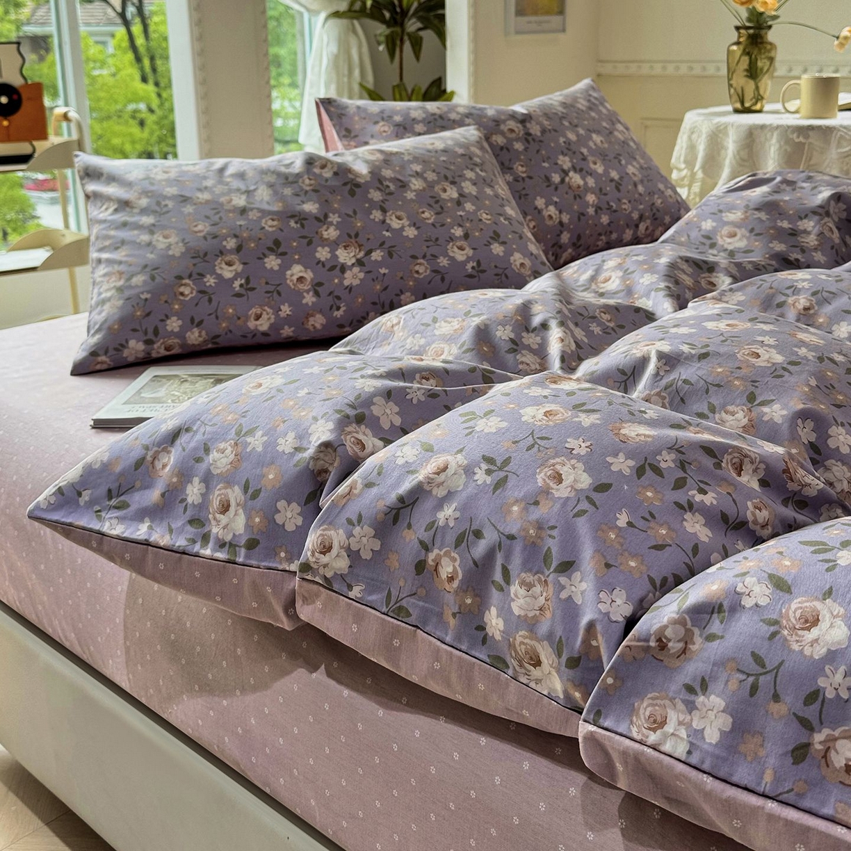 91家纺网 家纺一手货源 找家纺 缦纱 2025新款全棉纯棉小清新喷气13372印花40支纯棉四件套 花清梦