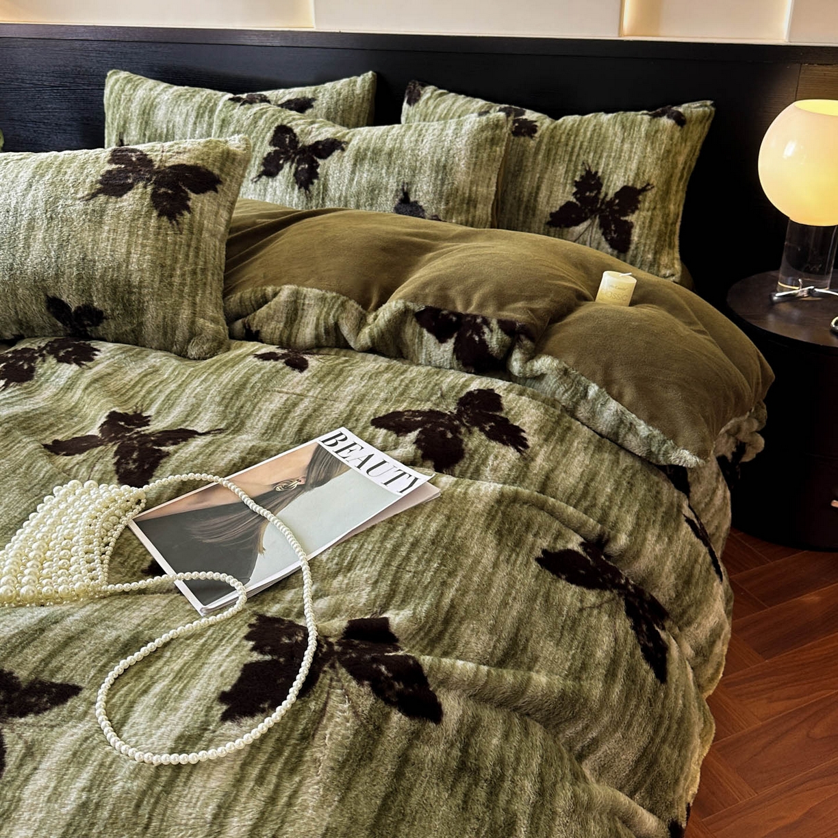 91家纺网 家纺一手货源 找家纺 金阳光家纺 2025新款A类高克重兔毛绒保暖印花牛奶绒四件套 美拉德系列 美拉德-蝶舞绿