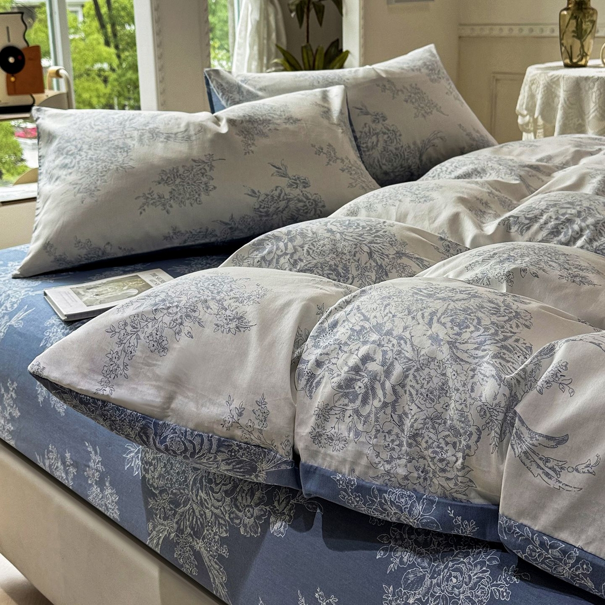 91家纺网 家纺一手货源 找家纺 缦纱 2025新款全棉纯棉小清新喷气13372印花40支纯棉四件套 花影