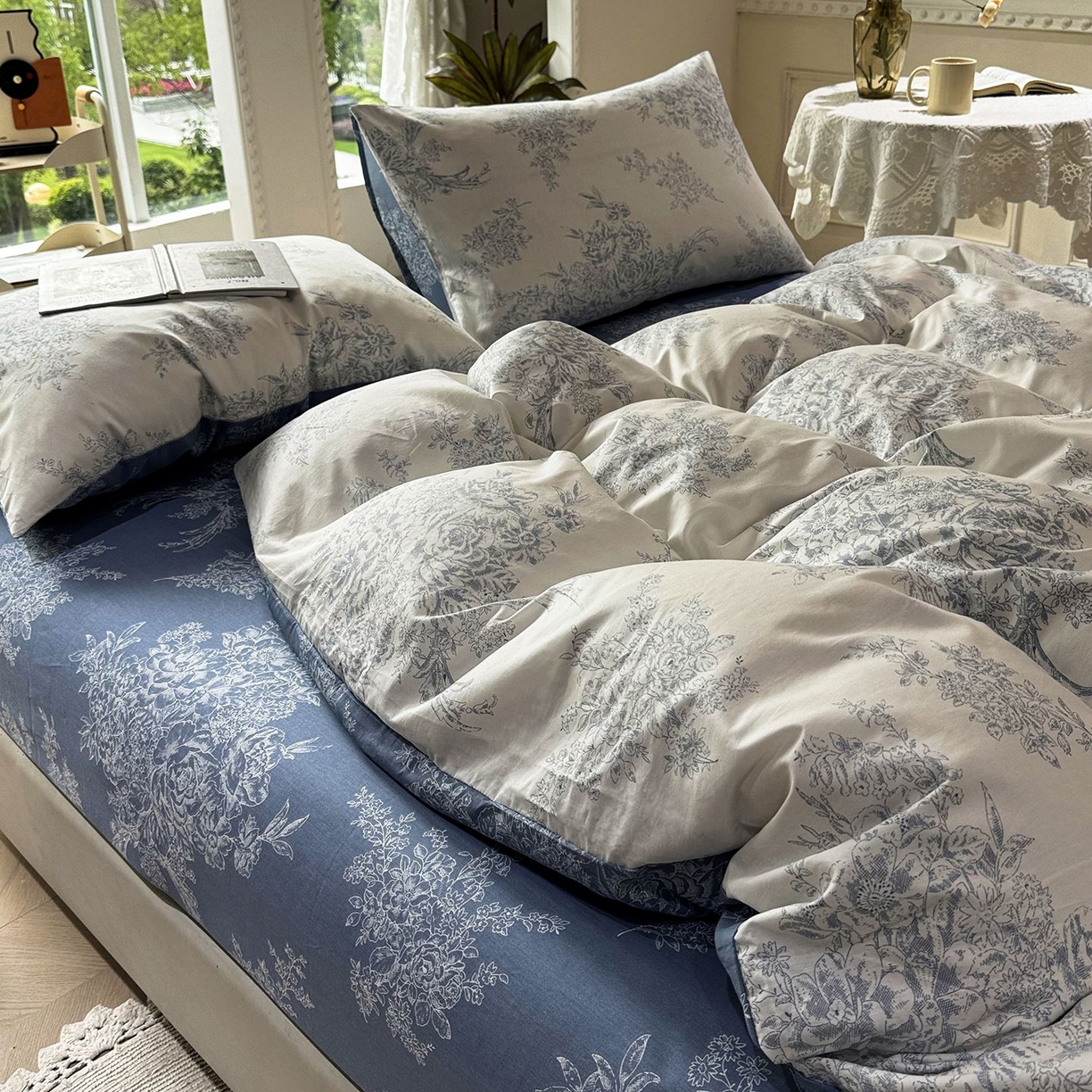 91家纺网 家纺一手货源 找家纺 缦纱 2025新款全棉纯棉小清新喷气13372印花40支纯棉四件套 花影