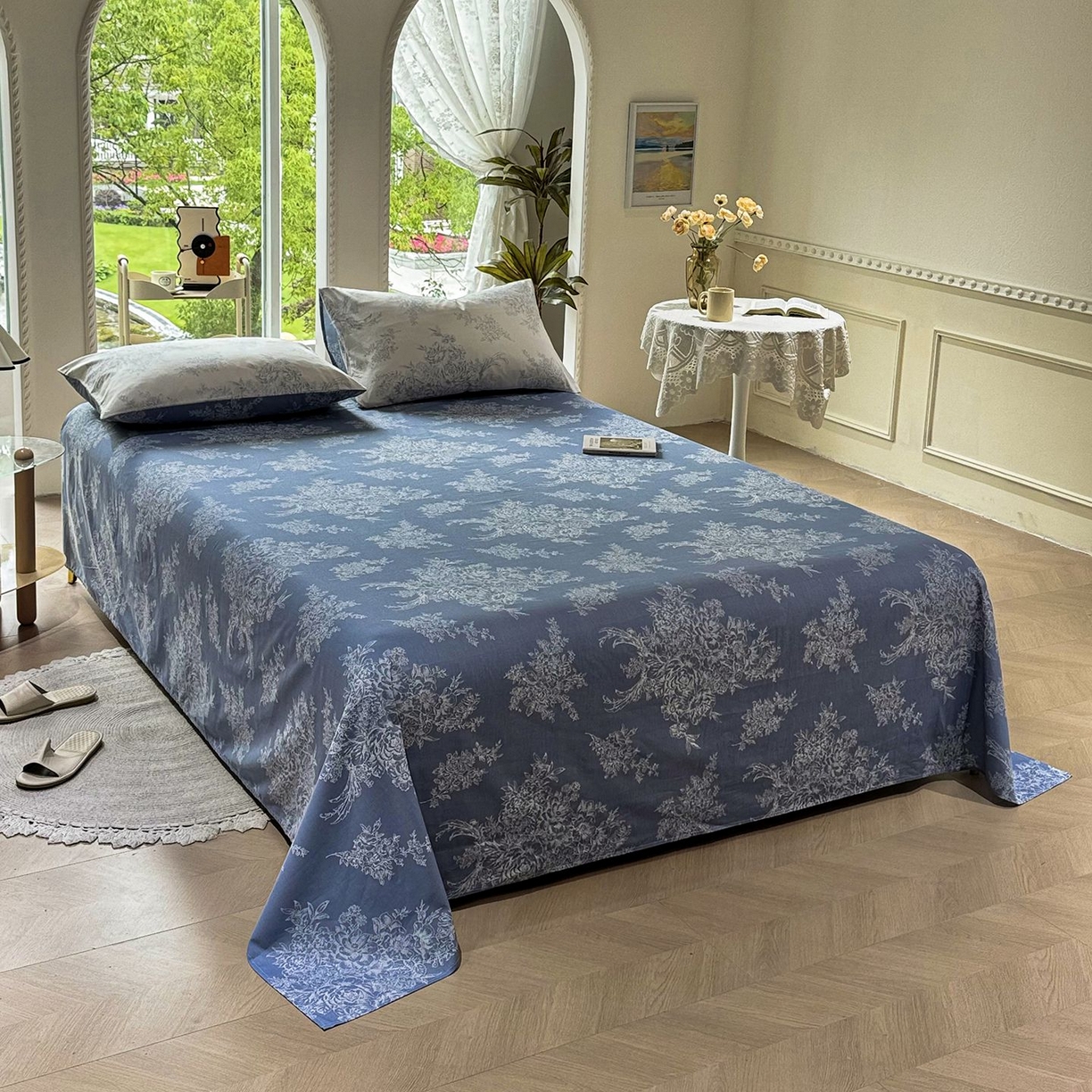 91家纺网 家纺一手货源 找家纺 缦纱 2025新款全棉纯棉小清新喷气13372印花40支纯棉四件套 花影