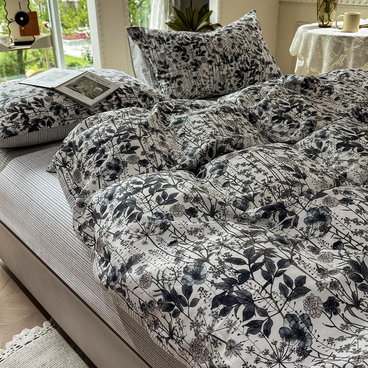 缦纱 2025新款全棉纯棉小清新喷气13372印花40支纯棉四件套 锦瑟-蓝